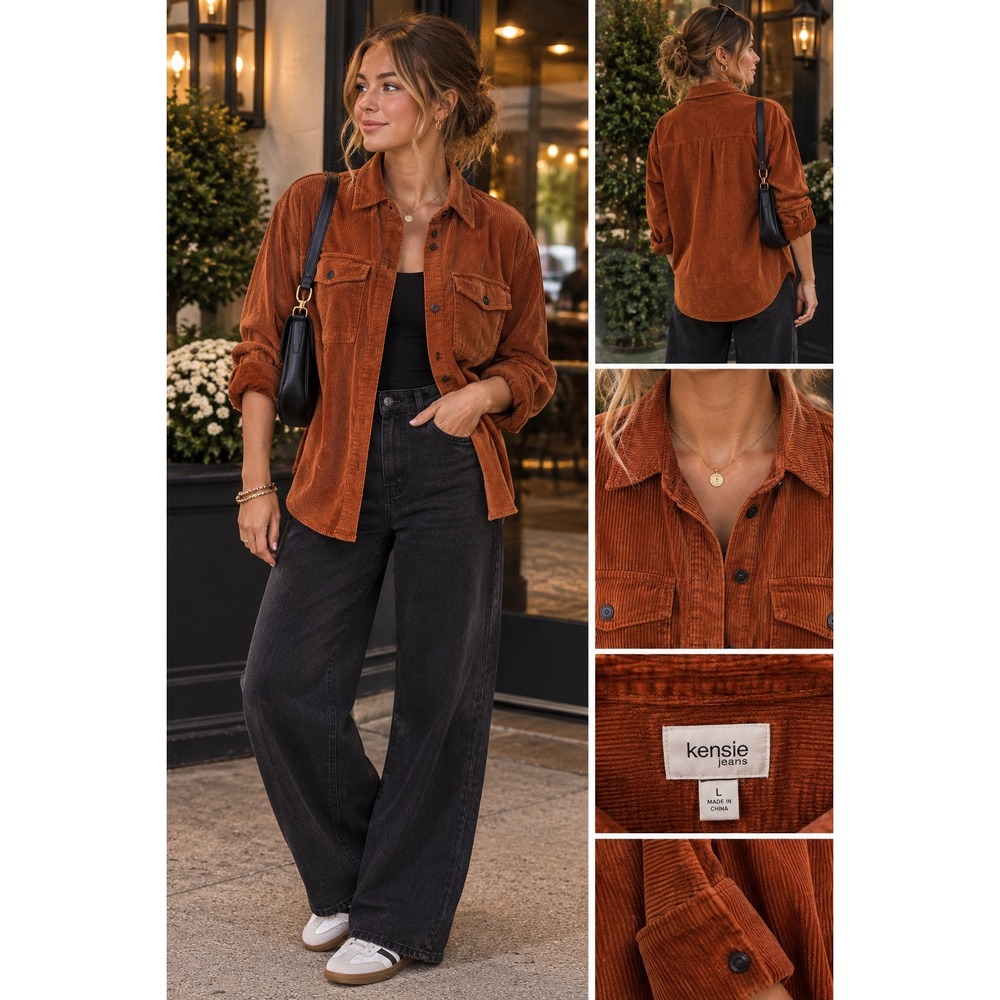 Kensie Jeans Burnt Orange Corduroy Button Down Shirt Oversized Rust Cotton Large